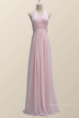 Formal Dress For Weddings Guest, Halter Pink Chiffon A-line Long Bridesmaid Dress