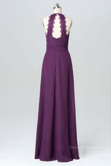 Evening Dresses Gowns, Halter Purple Chiffon A-line Long Bridesmaid Dress