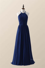 Bridesmaids Dress Blush, Halter Royal Blue Pleated Long Bridesmaid Dress