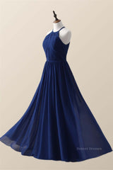 Bridesmaid Dresses Blushes, Halter Royal Blue Pleated Long Bridesmaid Dress