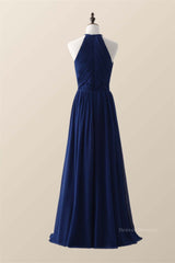 Bridesmaid Dress Blushes, Halter Royal Blue Pleated Long Bridesmaid Dress