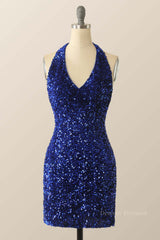 Prom Dress Pink, Halter Royal Blue Sequin Bodycon Dress