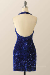 Dress Aesthetic, Halter Royal Blue Sequin Bodycon Dress