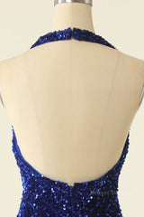 Silk Prom Dress, Halter Royal Blue Sequin Bodycon Dress