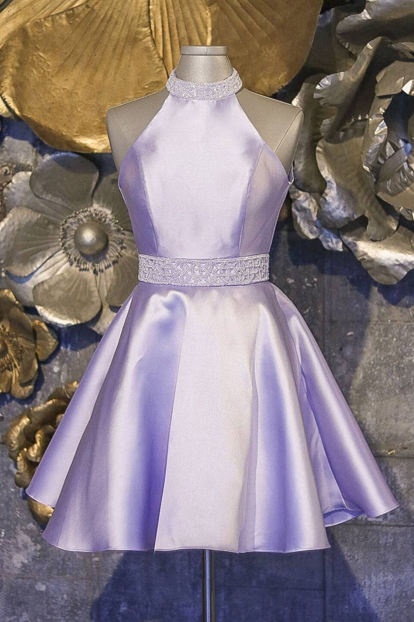 Formal Dressing For Wedding, Halter Short Lavender A Line Satin Homecoming Dress with Beading