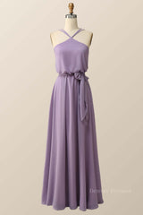Party Dress New Look, Halter Straps Purple Chiffon Long Bridesmaid Dress