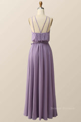 Party Dress For Wedding, Halter Straps Purple Chiffon Long Bridesmaid Dress