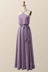 Party Dresses For Wedding, Halter Straps Purple Chiffon Long Bridesmaid Dress
