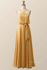Princess Dress, Halter Straps Yellow Chiffon Long Bridesmaid Dress