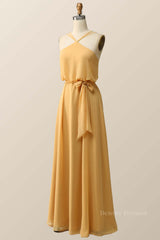 Evening Dress Elegant, Halter Straps Yellow Chiffon Long Bridesmaid Dress