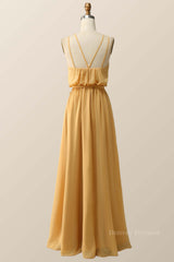 2061 Prom Dress, Halter Straps Yellow Chiffon Long Bridesmaid Dress