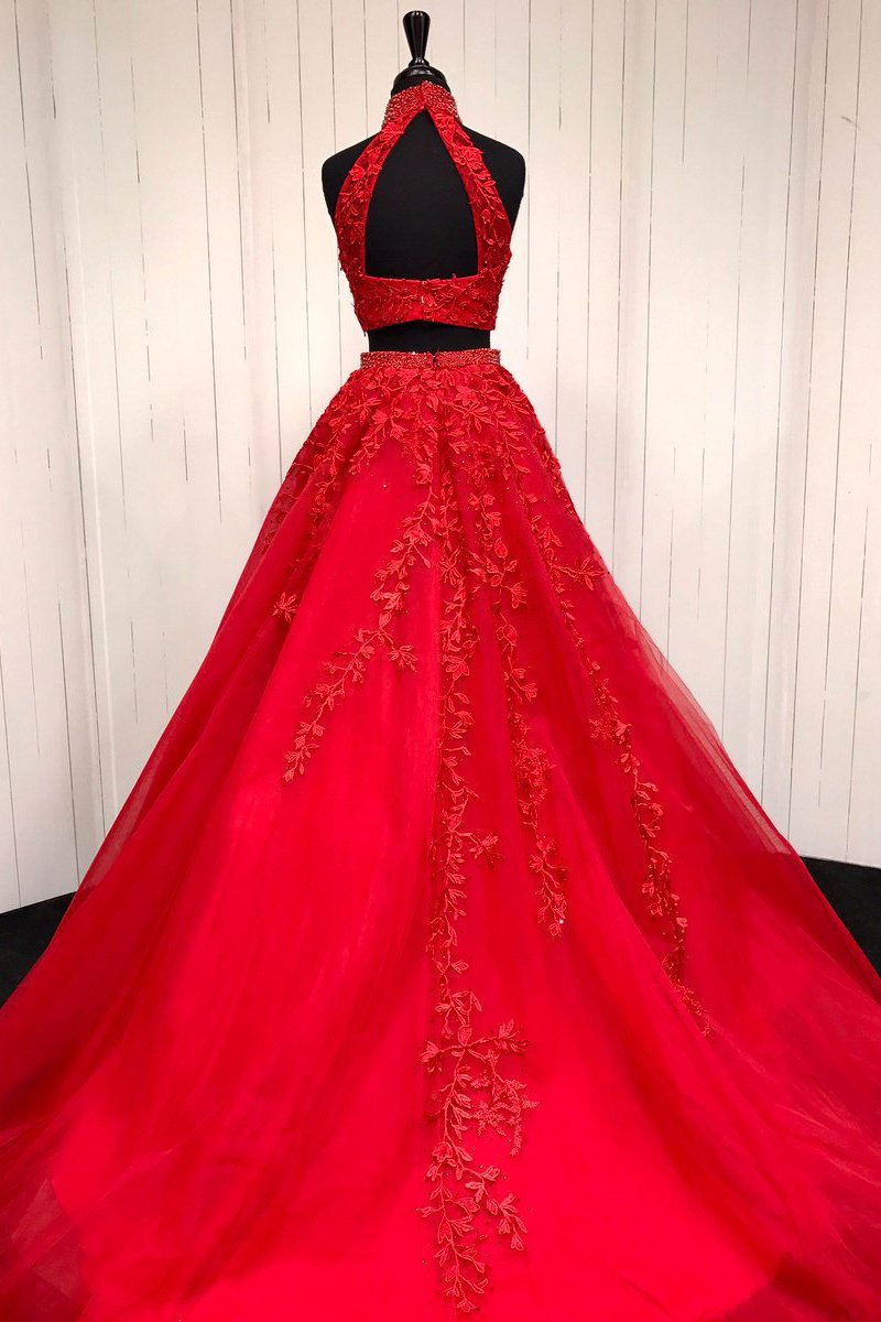 Mismatched Bridesmaid Dress, Halter Two Piece Tulle Red Long Prom Dress With Beaded Appliques