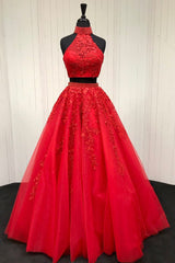 Spring Wedding Color, Halter Two Piece Tulle Red Long Prom Dress With Beaded Appliques