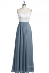Prom Dresses Off The Shoulder, Halter White Lace and Dusty Blue Chiffon Long Bridesmaid Dress