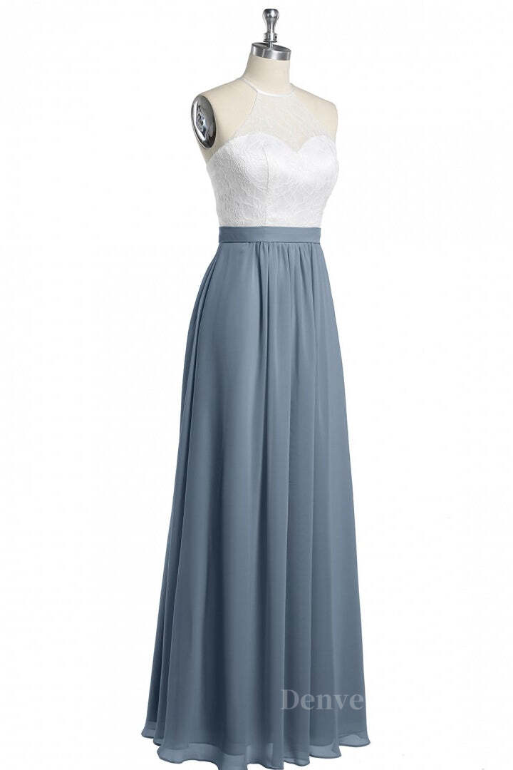 Prom Dresses Beautiful, Halter White Lace and Dusty Blue Chiffon Long Bridesmaid Dress