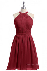 Prom Dresses Long Sleeve, Halter Wine Red Chiffon Short Bridesmaid Dress