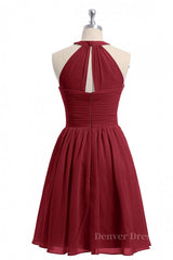Prom Dress Long Sleeved, Halter Wine Red Chiffon Short Bridesmaid Dress