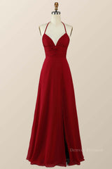 Prom Dress Long Ball Gown, Halter Wine Red Empire A-line Long Bridesmaid Dress