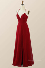 Prom Dresses Long Ball Gown, Halter Wine Red Empire A-line Long Bridesmaid Dress