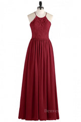 Bridesmaid Dresses By Color, Halter Wine Red Lace and Chiffon Long Bridesmaid Dress