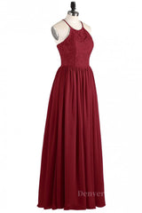 Bridesmaids Dresses By Color, Halter Wine Red Lace and Chiffon Long Bridesmaid Dress