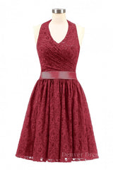 Bridesmaid Dress, Halter Wine Red Lace Short A-line Bridesmaid Dress