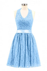 Prom Dresses Long Light Blue, Halter Wine Red Lace Short A-line Bridesmaid Dress