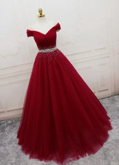 Prom Dress For Teen, Handmade A-line Prom Dress , Off Shoulder Wine Red Party Dress