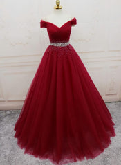 Prom Dress Places, Handmade A-line Prom Dress , Off Shoulder Wine Red Party Dress