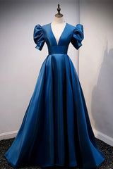 Evening Dress Elegant, Blue V Neck Satin Short Sleeves Long Prom Dress Blue Satin Evening Dress