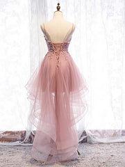 Party Dresses, High Low Pink Lace Prom Dresses, Pink High Low Formal Graduation Homecoming Dresses