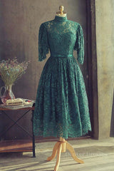 Party Dress Dress Up, High Neck Half Sleeves Green Lace Prom Dress, Green Lace Formal Graduation Homecoming Dress