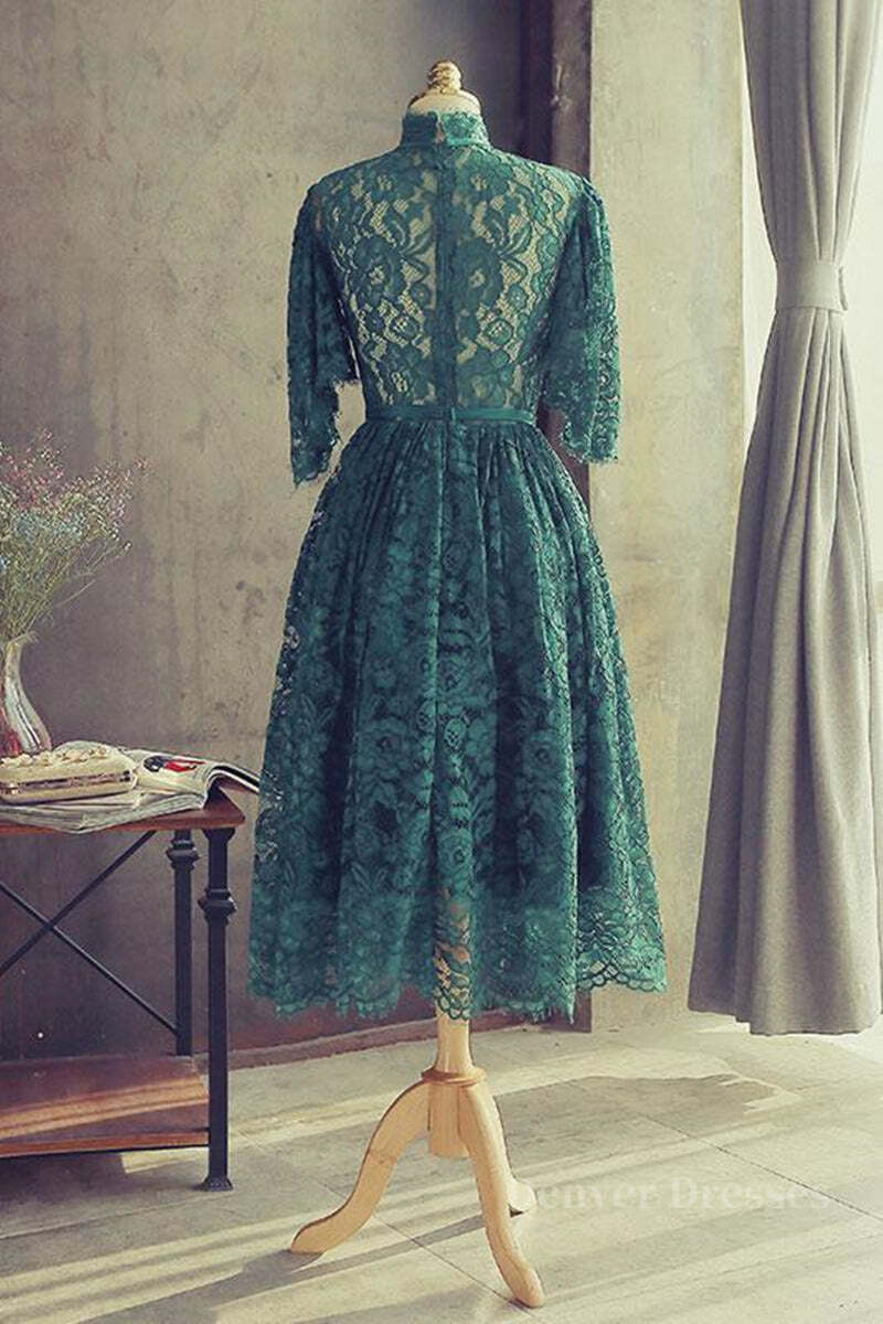 Party Dresses Store, High Neck Half Sleeves Green Lace Prom Dress, Green Lace Formal Graduation Homecoming Dress