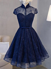 Prom Dress Light Blue, High Neck Homecoming Dress, Lace Dark Navy Lace-up Short Prom Dress