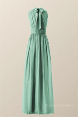 Blue Prom Dress, High Neck Mint Green Chiffon A-line Bridesmaid Dress