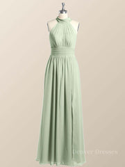 Evening Gown, High Neck Mint Green Chiffon A-line Bridesmaid Dress