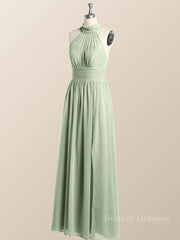 Black Bridesmaid Dress, High Neck Mint Green Chiffon A-line Bridesmaid Dress
