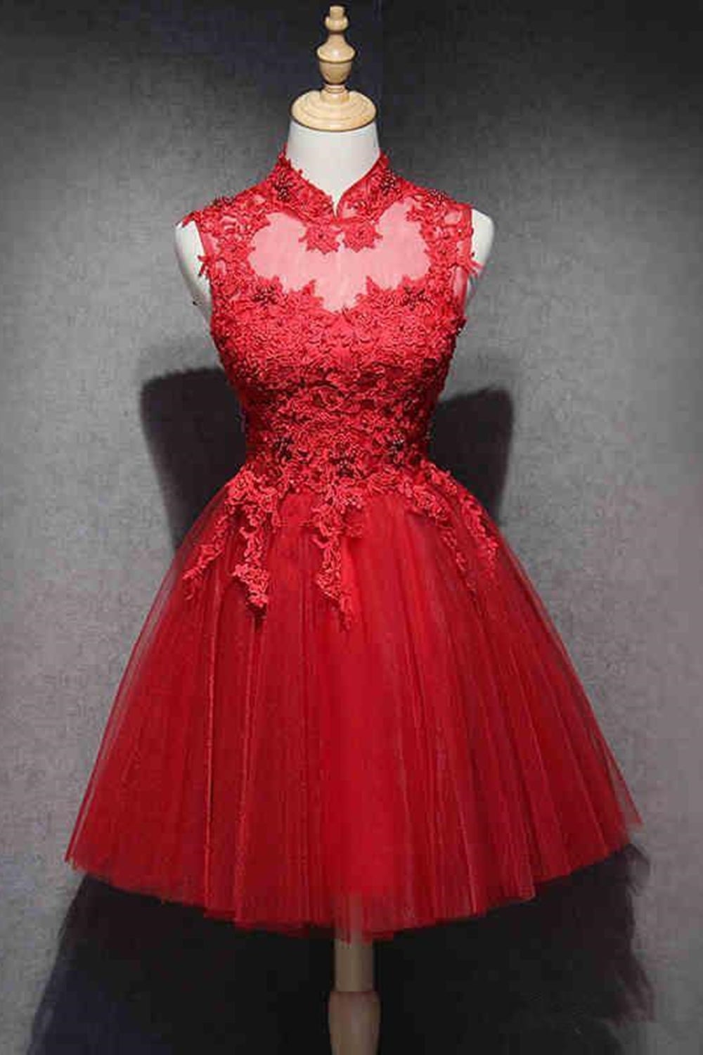Party Dress Fancy, High Neck Red Lace Short Prom Dress,Homecoming Dresses,Red Formal Graduation Evening Dress