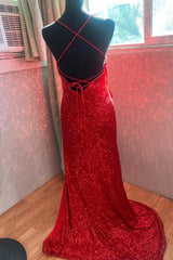 Formal Dresses And Evening Gowns, High Slit Blue Sequins Straps Mermaid Evening Gown,Ball Gowns Prom Dresses