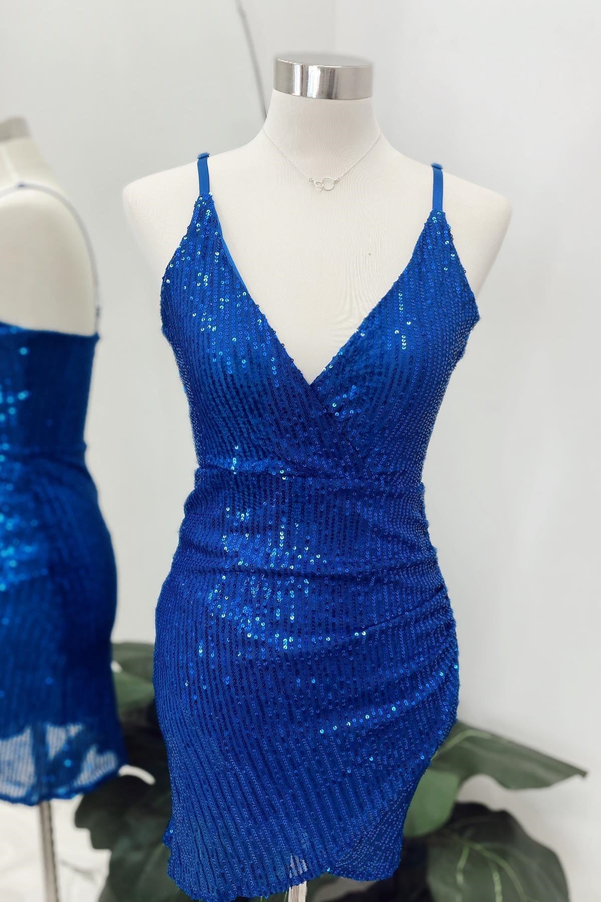 Blue Dress, Royal Blue Sequins Deep V Neck Faux-Wrap Homecoming Dress