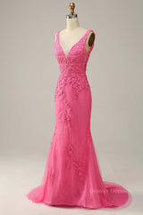 Formal Dress Modest, Hot Pink Appliques Plunging V Neck Mermaid Long Prom Dress