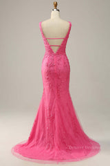 Formal Dress With Embroidered Flowers, Hot Pink Appliques Plunging V Neck Mermaid Long Prom Dress