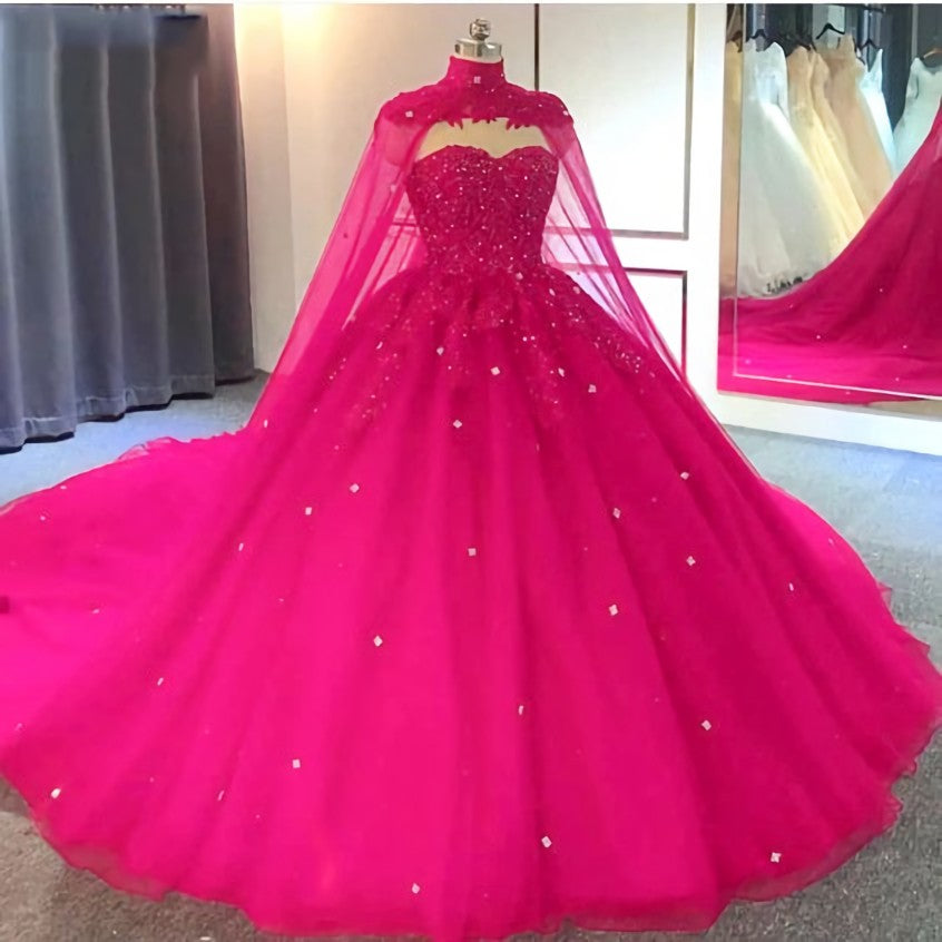 Party Dresses Clubwear, Hot Pink Detachable Cape Quinceanera Sweet 16 Ball Gown Prom Dress