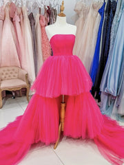Prom Dresses Long, Hot Pink High Low Prom Dresses, Hot Pink High Low Formal Evening Dresses
