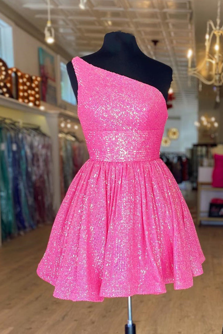 Bridesmaids Dress Inspiration, Hot Pink One Shoulder A Line Short Homecoming Dress Sequins