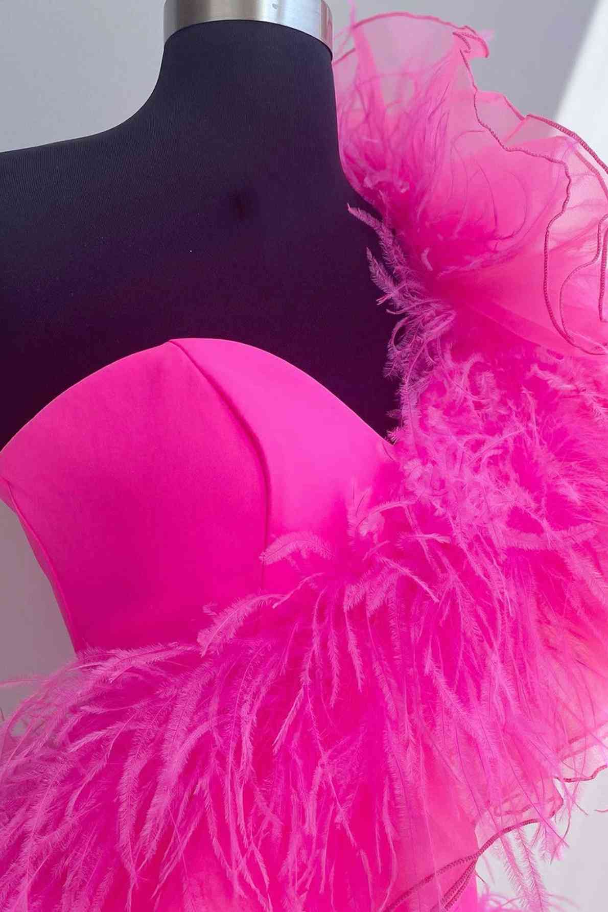 Party Dress Miami, Hot Pink Ruffled Short Homecoming Dress with Feathers