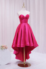 Party Dresses Ideas, Hot Pink Satin High Low Prom Dress, Cute Sweetheart Neck Evening Party Dress