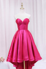 Party Dress A Line, Hot Pink Satin High Low Prom Dress, Cute Sweetheart Neck Evening Party Dress