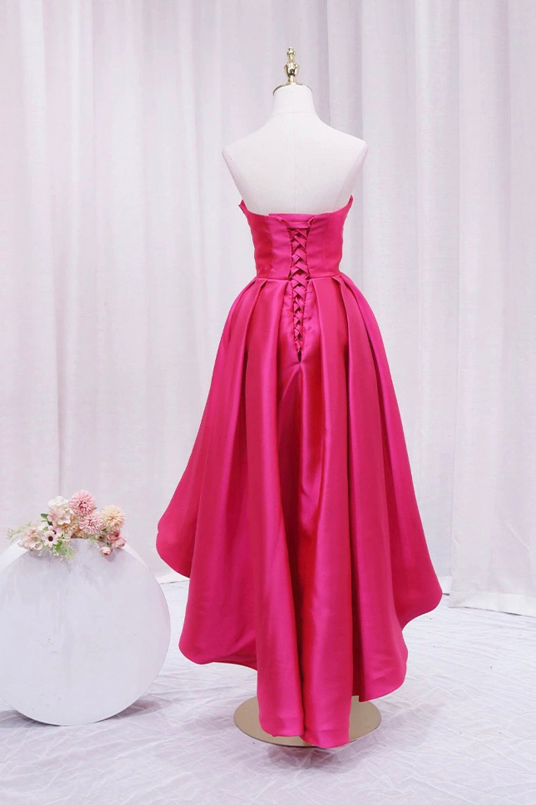 Party Dress Ball, Hot Pink Satin High Low Prom Dress, Cute Sweetheart Neck Evening Party Dress