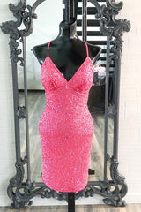 Bridesmaids Dresses Idea, Hot Pink Sequins Boydcon Mini Party Dress Club Dress